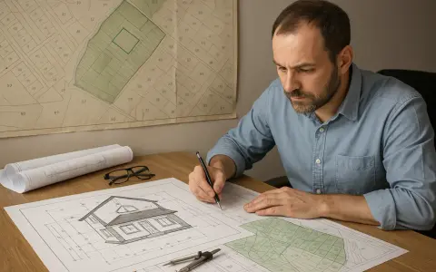 Architekt pracuje nad adaptacją projektu budowlanego, analizując plany działki i wizualizację domu.