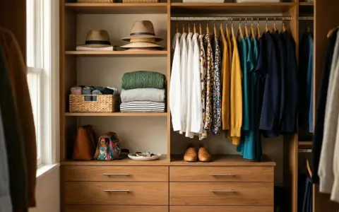 Un dressing bien rangé avec des chapeaux, des pulls pliés, des sacs et des vêtements suspendus. Idéal pour ranger son dressing.