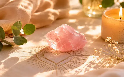 Un cuarzo rosa sobre un corazón dorado, rodeado de eucalipto y una vela encendida. Descubre como usar el cuarzo rosa para atraer el amor.