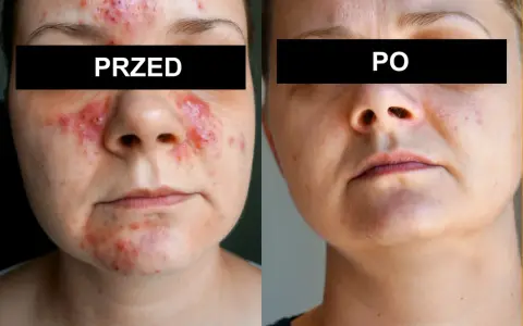 Przed i po: skóra z problemami, widoczne zmiany zapalne, a następnie wygładzona po zastosowaniu kremu na nużeńca.