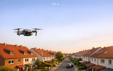 Eine Drohne fliegt über ein ruhiges Wohngebiet. Sie schwebt in 120 m Höhe über den roten Dächern und gepflegten Gärten.