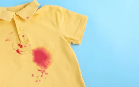 Gelbes Poloshirt mit roten Flecken, die nach dem Entfernen von Kleidung suchen.