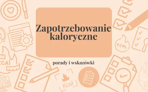 Grafika z ikonami związanymi z kaloriami, dietą i obliczeniami.