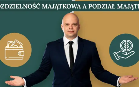 Mężczyzna w garniturze prezentuje symbole portfela i dłoni z monetą, sugerując rozdzielność majątkową i podział majątku.