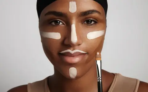 Mujer con líneas de maquillaje para **contouring cara**. Se ve un pincel en su mano.