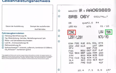 Auf diesem Dokument steht unter "Motor- und Getriebekennbuchstaben" (Punkt 3) "CDNC". Dies verrät, welches Getriebe hat mein Auto.