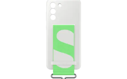 Białe etui na Samsung Galaxy S21 FE z zielonym paskiem i białym logo "S".