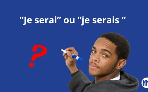 Un jeune homme réfléchit à la différence entre "je serai" et "je serais", un point d'interrogation rouge à côté.