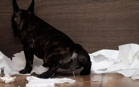 Piesek z zapaleniem pęcherza oddaje mocz na papierowe ręczniki.