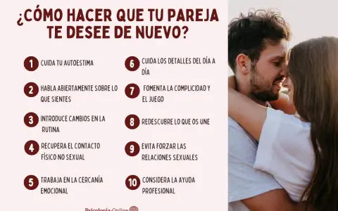 ¿Cómo hacer que tu pareja te desee de nuevo? Consejos para reavivar la chispa: cuida tu autoestima, comunica tus sentimientos, introduce cambios, fomenta la complicidad y busca ayuda profesional.