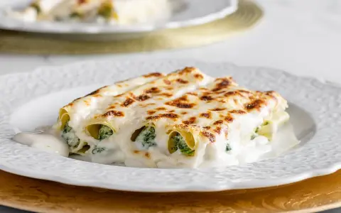 Cannelloni ricotta e spinaci fumanti, ricoperti da besciamella e formaggio fuso, serviti su un piatto bianco.