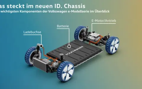 Übersicht der Bauteile eines Motors: Batterie, Ladebuchse und E-Motor/Antrieb im neuen ID. Chassis von Volkswagen.
