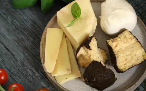 Różnorodne rodzaje serów na talerzu: kawałki żółtego sera, kulka mozzarelli i ser w ciemnej skórce.