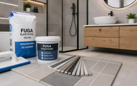 Wybierasz jaka fuga do łazienki? Na zdjęciu produkty: fuga elastyczna i epoksydowa, próbki kolorów i akcesoria do układania płytek.