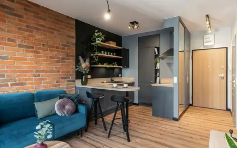 Jak urządzić małe mieszkanie 35 m: przytulny salon z ceglaną ścianą, aneks kuchenny z wyspą i nowoczesne meble.