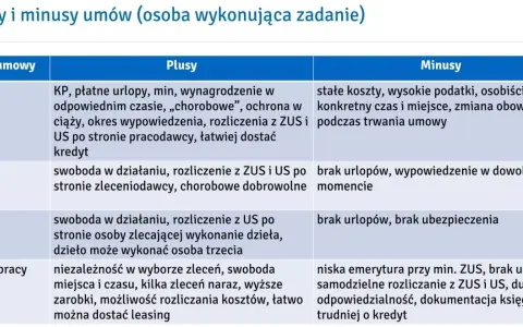 Tabela porównująca rodzaje umów o pracę: o pracę, zlecenie, o dzieło, o współpracę, z ich plusami i minusami.
