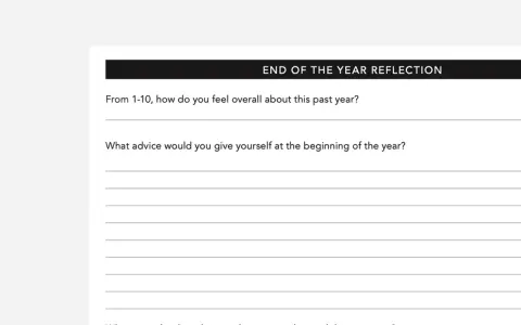Journal prompts for end of year reflection: rate your year, advice for your past self, and biggest lessons learned.