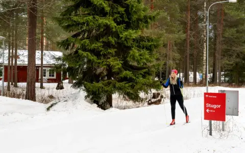 Kvinna på längdskidor vid Moraparken Camping. Röda stugor och granar i bakgrunden.