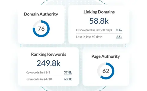 SEO-Dashboard zeigt eine Domain Authority von 76, 58.8k verlinkende Domains, 249.8k Keywords und Page Authority 62.