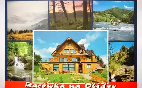 Widok na bacówkę Królowej Jadwigi, otoczoną górami, lasami i rwącą rzeką.
