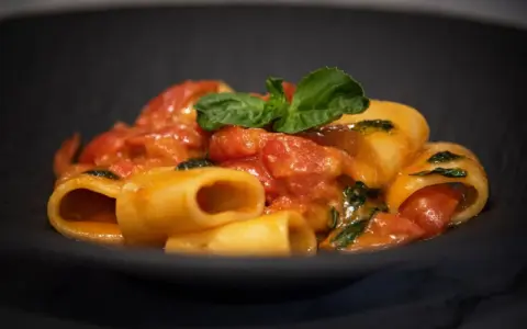 Paccheri alla Vittorio, un piatto di pasta succulenta con pomodoro fresco e basilico, servito in una ciotola scura.
