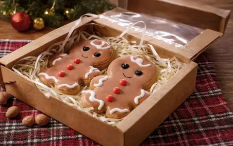 Deux adorables biscuits de Noël en pain d'épice, décorés de glaçage blanc et de bonbons rouges, sont présentés dans une boîte en carton.