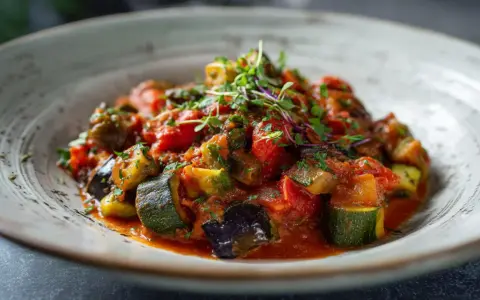 Ein Teller mit geschmorten Auberginen in Tomatensauce, garniert mit frischen Kräutern.