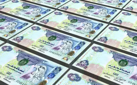 Paczka banknotów z Dubaju, pięćset dirhamów, z wizerunkiem sokoła. Waluta w Dubaju, symbol bogactwa i rozwoju.
