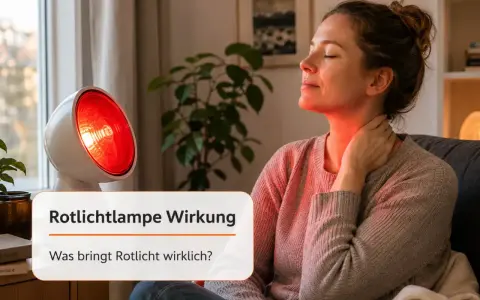 Frau genießt die wohltuende Rotlichtlampe Wirkung am Nacken. Die Wärme entspannt und lindert Verspannungen.