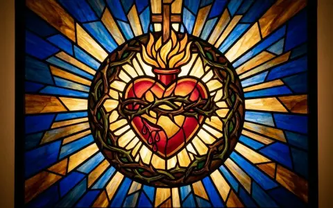 Vitrail rayonnant : le cœur sacré, entouré d'épines et de flammes, symbolise l'amour divin. La signification cœur sacré tattoo est ici magnifiquement représentée.