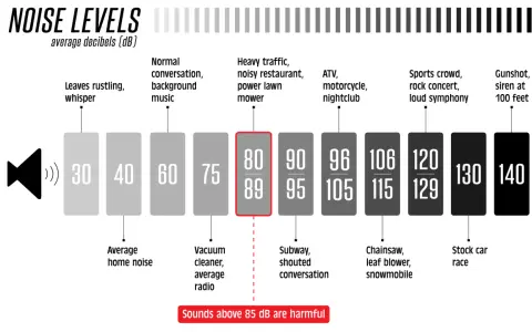 Comparatif des niveaux sonores : le bruit d'un aspirateur ou d'une radio atteint 75 dB, tandis que le trafic intense ou un restaurant bruyant se situent entre 80 et 89 dB.