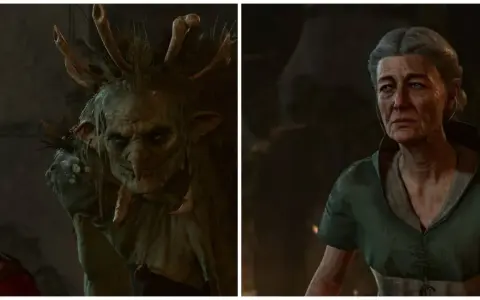 Un troll con cuernos y una anciana con tita Ethel BG3, ambos con miradas intensas.