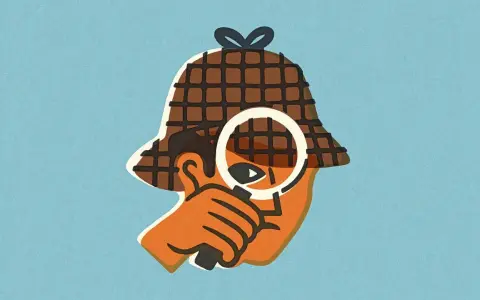 Stylizowana głowa w kapeluszu detektywa, z lupą przed okiem. Wszyscy wiemy, kto tak bada sprawy – to Sherlock Holmes!