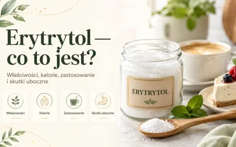 Słoik erytrytolu, łyżka z kryształkami, kawa i sernik z owocami.