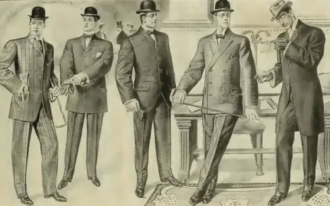 Five men in vintage cocktail attire, showcasing suits, hats, and accessories.