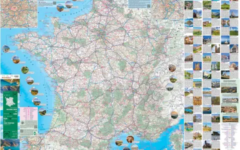 Carte de France touristique avec des photos de sites remarquables. La légende indique la signification des symboles.