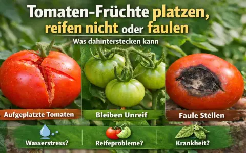 Aufgeplatzte, unreife oder faule Tomaten. Ursachen können Wasserstress, Reifeprobleme oder Krankheit sein.