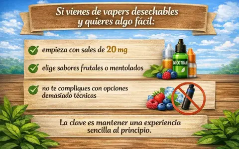Para empezar fácil, usa sales de nicotina de 20 mg, sabores frutales y evita complicaciones técnicas.