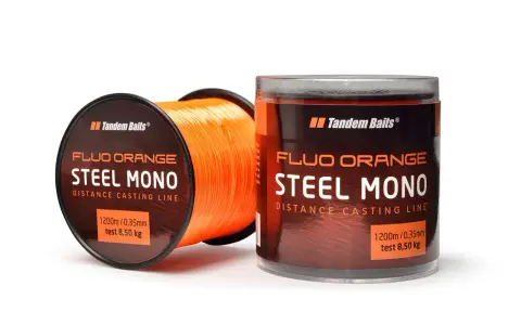 Pomarańczowa żyłka Tandem Baits Steel Mono 0,35mm, test 8,50 kg. Idealna na karpia, nawet 20 kg!