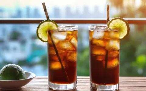 Dwa orzeźwiające drinki z ice tea, lodem i plasterkiem limonki, gotowe do wypicia w letni dzień.