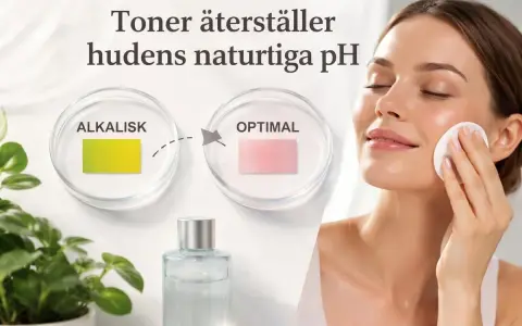 En kvinna applicerar toner med en bomullsrondell. Bilden visar hur tonern återställer hudens naturliga pH, från alkaliskt till optimalt, vilket framhäver vikten av aktiva ingredienser hudvård.