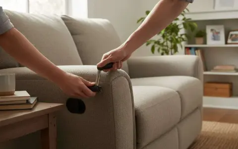 Deux mains actionnent la manivelle pour régler un canapé électrique. Facile à installer, ce fauteuil inclinable électrique est prêt à l'emploi.