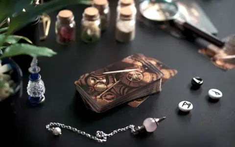 Karta tarota z motywem steampunk, obok wahadełka i run.