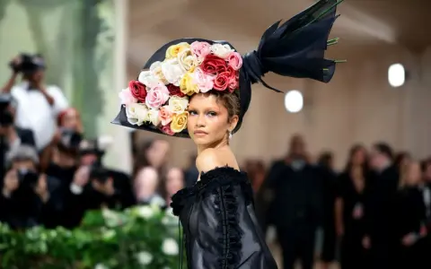 Zendaya stuns at the Met Gala in a dramatic black gown and a voluminous hat adorned with a cascade of colorful roses.