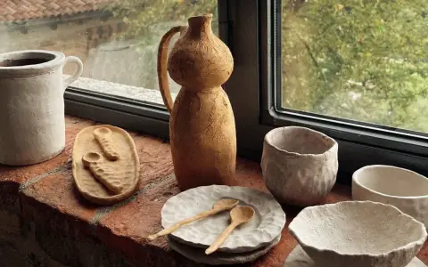 Ceramica fatta in casa: vasi, ciotole e cucchiaini grezzi, posati su un davanzale di mattoni, con vista su un giardino verde.
