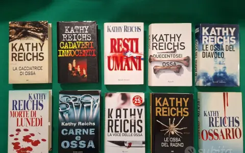 I libri di Kathy Reichs in ordine cronologico, una collezione di thriller con titoli come "La cacciatrice di ossa" e "Le ossa del ragno".