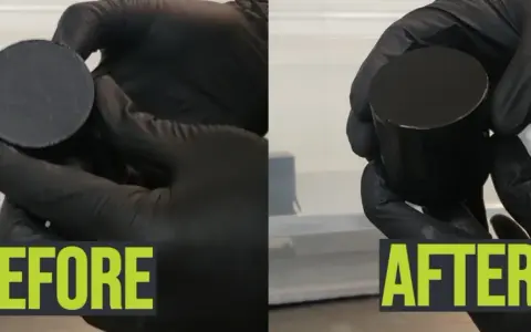 Before and after comparison of a 3D printed part undergoing vapor smoothing, showing a dramatically improved surface finish.
