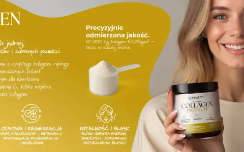 Uśmiechnięta kobieta z produktem Collagen Premium. Kolagen rybi efekty: gładka skóra, mocne włosy, zdrowe paznokcie.