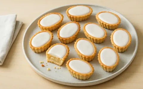 En tallrik med mazariner, en är uppskuren och visar mandelmassan. Perfekt för ett mazariner recept.