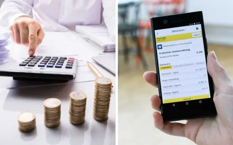 Person räknar på miniräknare med myntstaplar. En mobil visar en preliminär skatteuträkning, en del av vinst skatt.